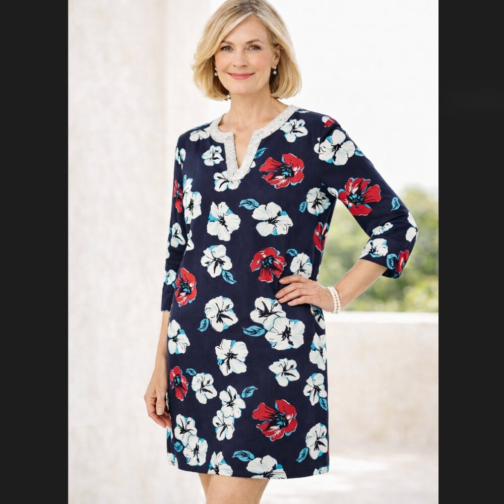 Talbots Linen Tunic Dress XL Navy Floral Beaded Neck Hibiscus Beach Resort NWT